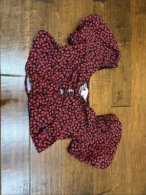 Playful Black Strawberry Print Peplum Blouse